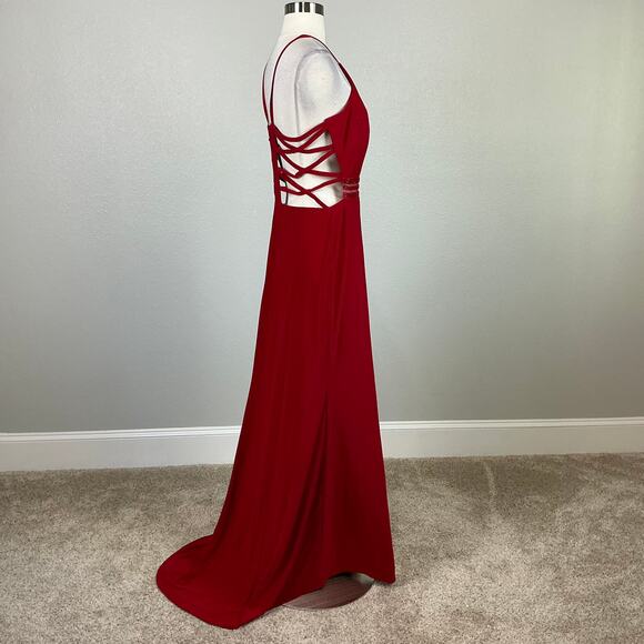 Red Backless Evening Gown Size 10 Nightway Cut Out Thigh Slit Long Formal Dress - Picture 4 of 13
